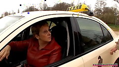 Horny milf driving taxi and fucking with stranger, abrading his cum